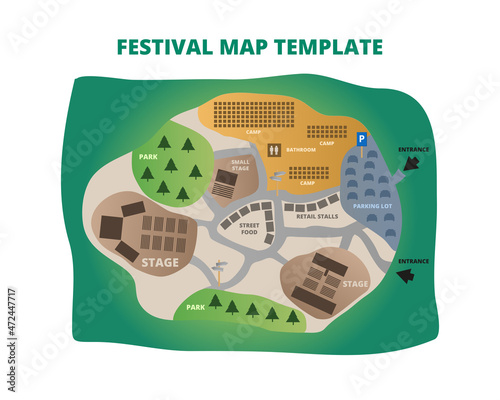 Vector editable outdoor wayfinding map or festival map template with road, park, stage, camp, bathroom, parking lot, retail stalls isolated on white background. Suitable as a map of event or festival.