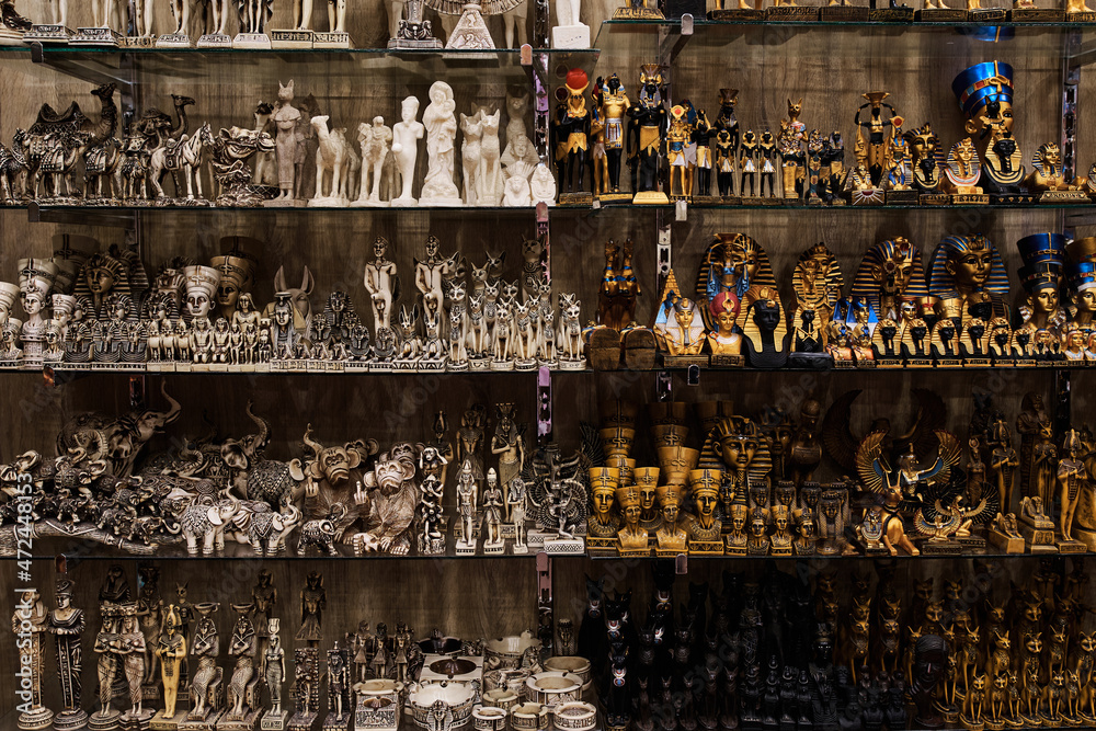Shelves with souvenirs in the oriental shop.