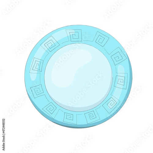 Nice cartoon toy blue plate. Dishes for a fairy-tale character or doll. Toy kitchen. Hand drawn vector illustration