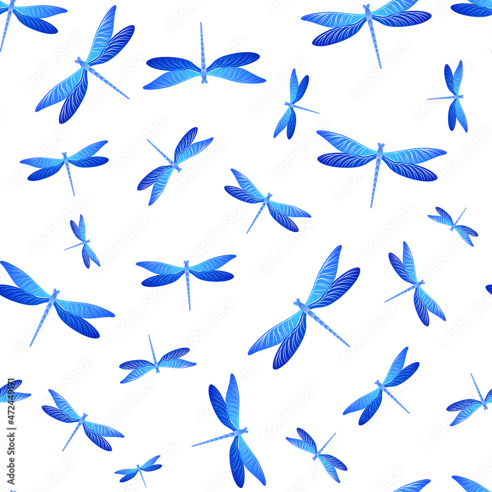 Fototapeta premium Dragonfly abstract seamless pattern. Spring dress fabric print with damselfly insects. Graphic