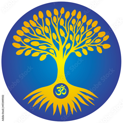 tree of life with om, aum, ohm sign in crnter. Spiritual symbol and nature symbol. Vector art graphics