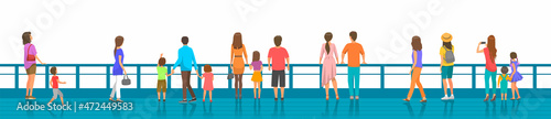 Group of people during walk back view. Characters stand near fence looking into distance. Parents and children are spending time outdoors together. Family weekend getaway, looking at something
