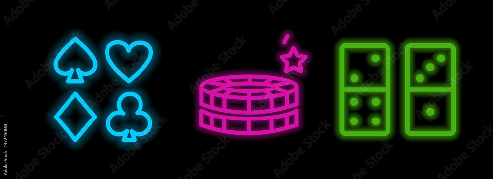 Casino neon icons. Dominoes with chips and suits of playing cards. Neon-style templates. Vector illustration Casino neon icons. Dominoes with chips and suits of playing cards. Neon-style templates. Vector illustration