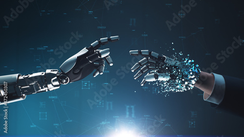 Fototapeta Naklejka Na Ścianę i Meble -  3D Render of robotic hand reaching out and touching businessman to change human into cyborg against dark blue background