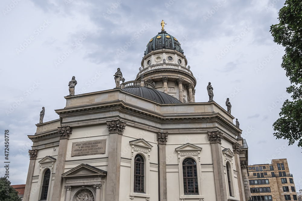 Architectural fragments of New Church (Neue Kirche or Deutscher Dom, 1708) at the Gendarmenmarkt across from French Church. Berlin, Germany.
