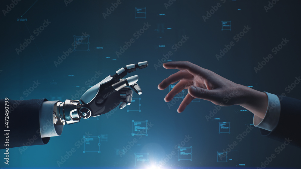 3D Render of crop human and robotic entrepreneurs in suits reaching out to touch each other against dark blue background - obrazy, fototapety, plakaty 