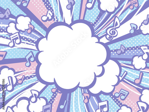 音符と爆発の煙の背景イラスト_アメコミ風_紫