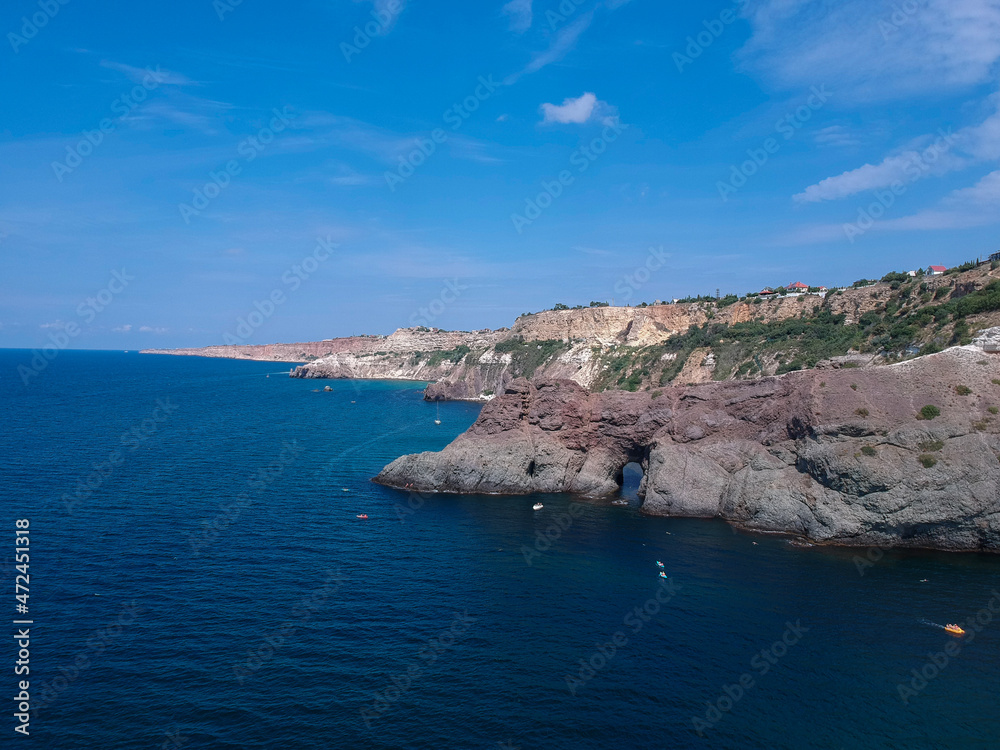 Panoramic view of Cape Fiolent from a bird's-eye view, sea view of the Crimean peninsula