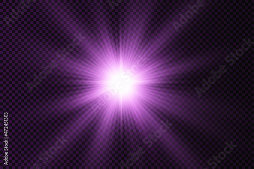 Purple glowing light star, violet burst sun rays.