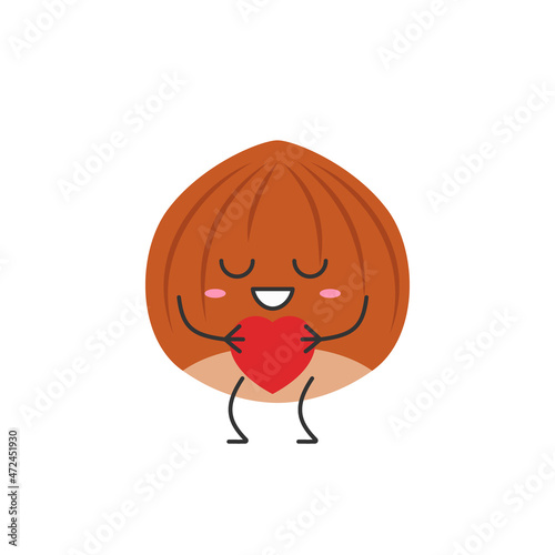 Hazelnut cute character cartoon love sign heart favorite emotions joy happy smiling face nut icon beautiful vector illustration.