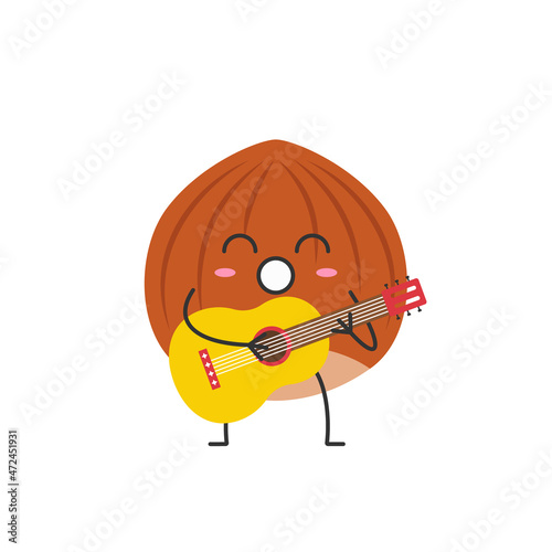 Hazelnut plays the guitar sings cute character cartoon emotions joy happy smiling face nut icon beautiful vector illustration.