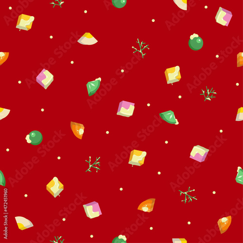 Olivier salad seamless pattern.Traditional russian appetizer for celebrating new year and christmas. Winter salad background with mayonnais. Vector illustration.Ingredients for Olivier's recipe.Оливье