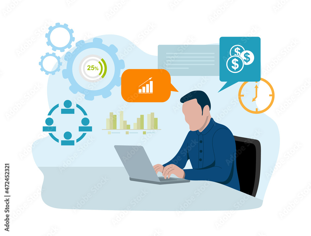 Flat design style with business concept. A businessman is working with his computer on table. There are concepts of business workflow, time management, planning, task, teamwork, meeting. Flat design style with business concept. A businessman is working with his computer on table. There are concepts of business workflow, time management, planning, task, teamwork, meeting.