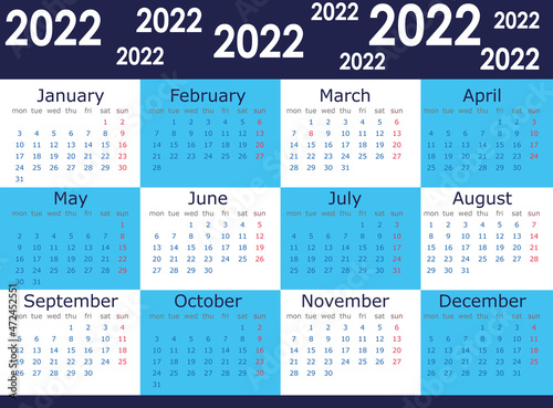 Calendario 2022 en inglés con festivos