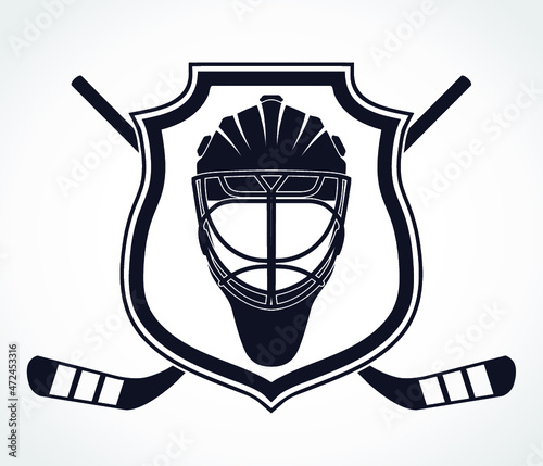 ice hockey theme with shield crossed hockey sticker and helmet heraldry symbol