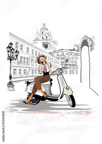 Series of street musicians in the city. Jazz band near the retro car. Hand drawn vector illustration with retro buildings.