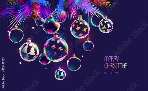 3D Christmas iridescent balls. Bright light decoration.