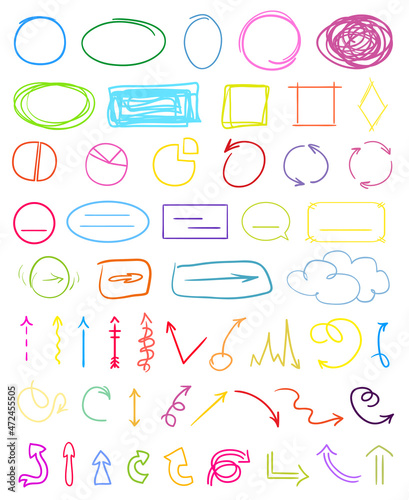 Multicolored infographic elements isolated on white. Set of different indicator signs. Hand drawn simple pointers. Line art. Abstract circles, arrows and rectangles. Symbols for work and business