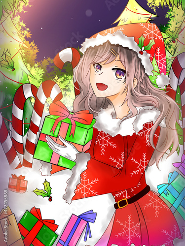 Girl in the red dress and Christmas party room, illustration for postcard