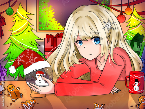 Girl in the red dress and Christmas party room, illustration for postcard