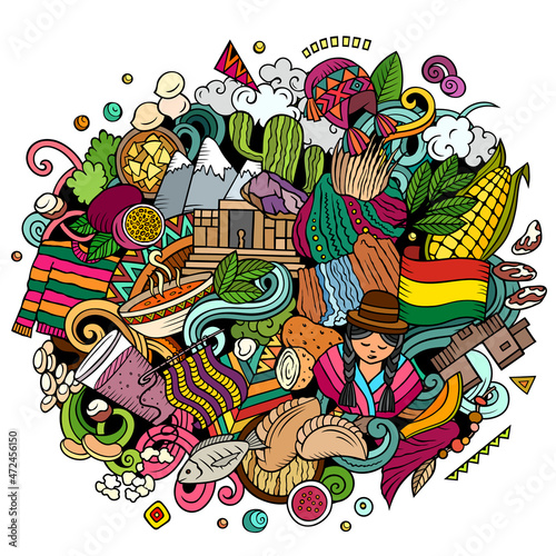 Bolivia hand drawn cartoon doodles illustration.