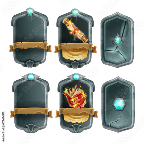 Stone game card set, vector UI fantasy achievement RPG frame, ancient magic book, parchment scroll. User interface item deck, crystal gem, medieval epic adventure quest panel. Game player card kit