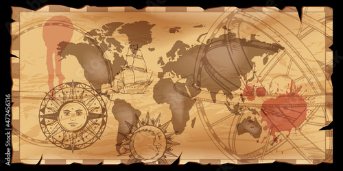 World old map, continent silhouette, wind rose sign vector vintage antique cartography background. Pirate retro parchment geography scrapbooking texture, engraving symbol, ink splash. World map