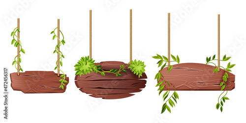 Wooden hanging sign board, vector timber rope plank set, jungle game UI menu frame kit, liana leaf. Empty information announcement panel, tropical vine isolated on white. Wooden sign pointer clipart