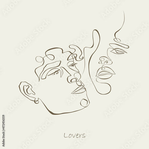 Couple faces. One line drawing. Continuous line. Sensual love