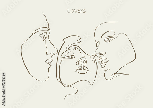 Threesome, love triangle. One line drawing. Continuous line. Sensual love