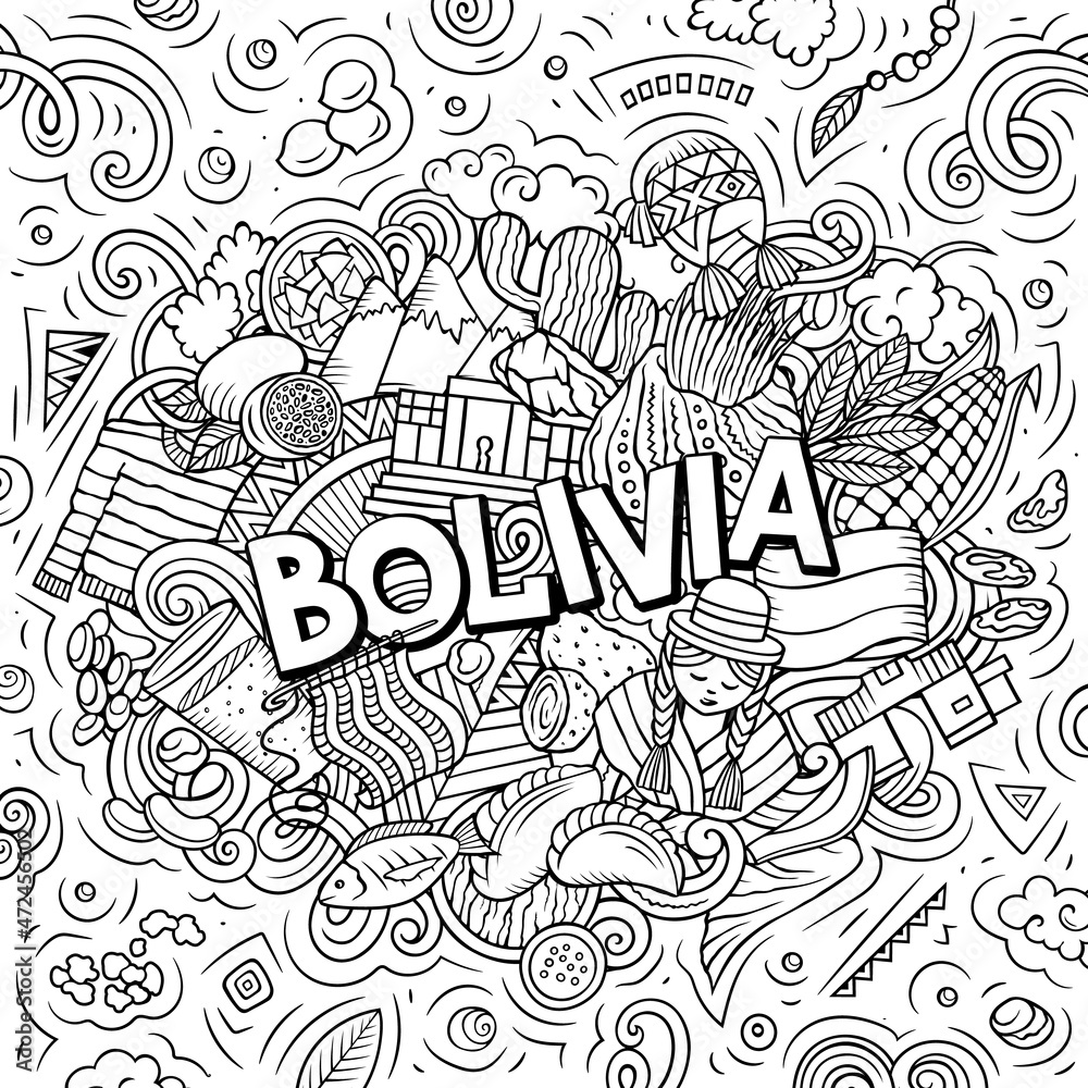Bolivia hand drawn cartoon doodle illustration. Funny local design.