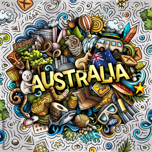 Australia hand drawn cartoon doodle illustration. Funny local design.
