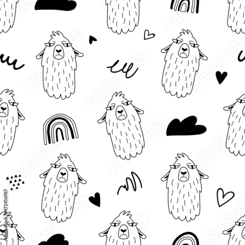 Seamless pattern with funny llamas or alpacas in hand drawn style. Outline hand drawing. Creative childish texture. Great for fabric, textile. Isolated on white background vector illustration