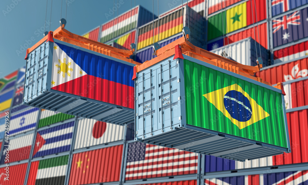 Freight containers with Philippines and Brazil national flags. 3D Rendering 