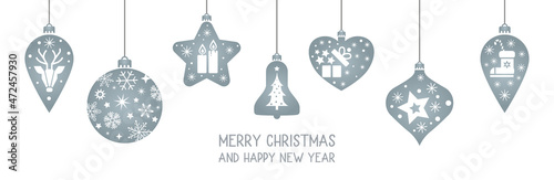 Christmas card with silver hanging balls and christmas symbols editable vector illustration EPS10 on white background