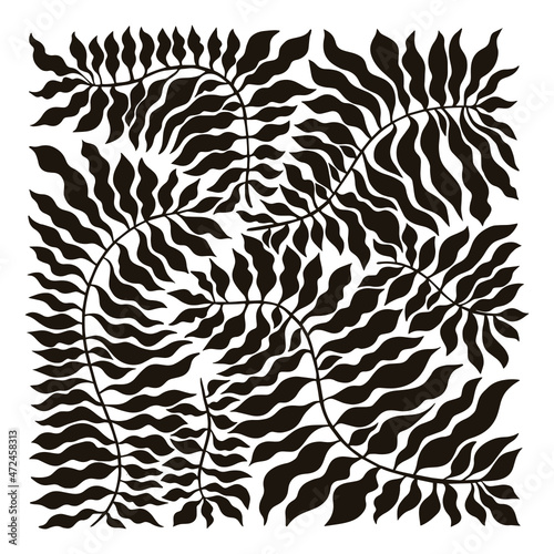 Black and white Floral illustration. Abstract branches and  leaves. Decorative art.