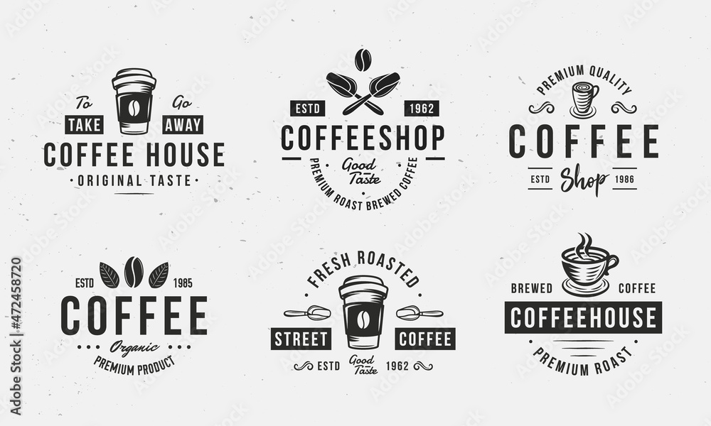 Coffee logo set. Collection of Coffee emblems, labels for cafe, coffee shop, restaurant design. Coffee cup, bean, scoops. Vector illustration