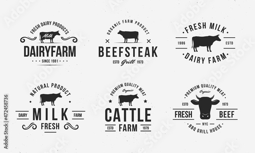 Cow, Beef logo set. Emblems template for butchery, meat and dairy products. Vector illustration