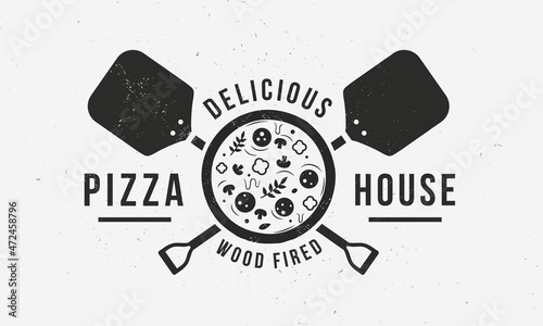 Pizza logo. Pizza emblem with oven shovel and grunge texture. Vintage logo, poster template for pizzeria, pizza house, restaurant. Pizza menu design. Vector illustration