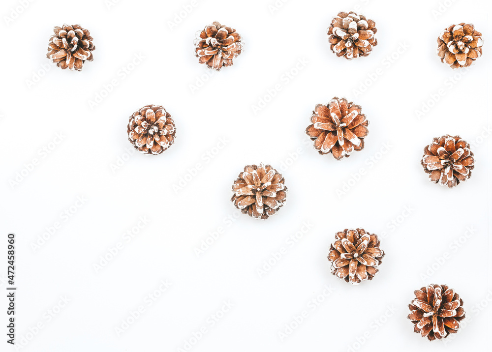 Fototapeta premium Christmas background with pine cones. White background and small bumps and place for your text
