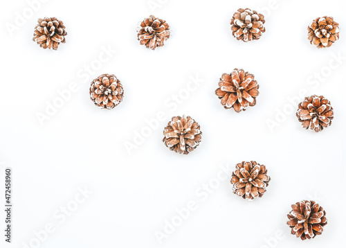 Christmas background with pine cones. White background and small bumps and place for your text