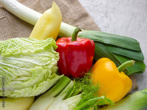Fresh raw vegetables on burlap.