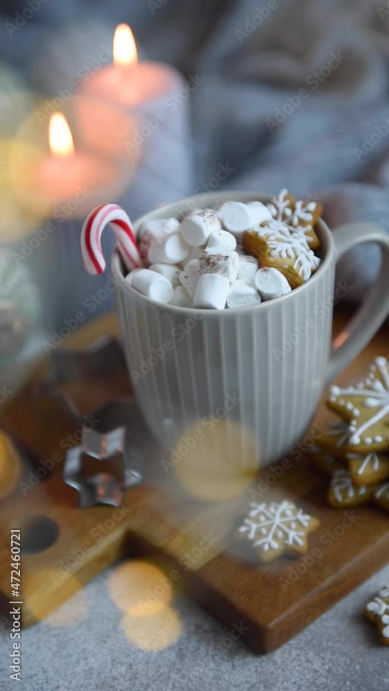 Homemade hot chocolate with marshmallow, burning candles and gingerbread cookies Homemade hot chocolate with marshmallow, burning candles and gingerbread cookies