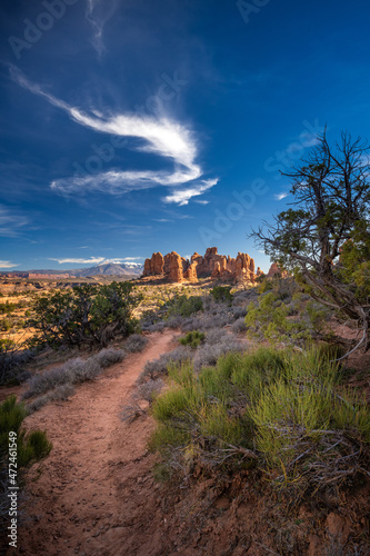 red rocks in arches national park with sunset 