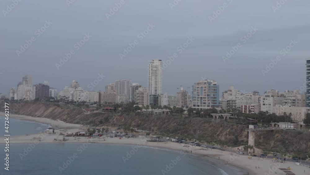 Aerial view of Netanya skyline and coastline buildings. Aerial view of Netanya skyline and coastline buildings.