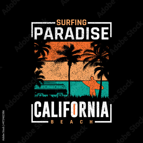 Vector illustration on surf and surfing in California, Sunset Beach, Vintage design. Grunge background. Typography, t-shirt graphics, print, poster, banner, flyer, postcard