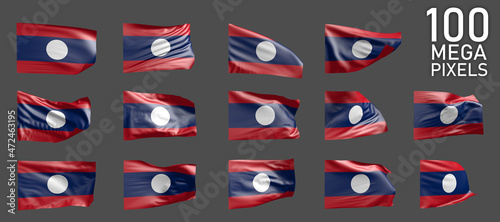 a lot of different realistic renders of Lao People Democratic Republic flag isolated on grey background - 3D illustration of object