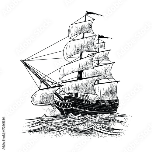 handdrawing pirate viking ship on the sea photo