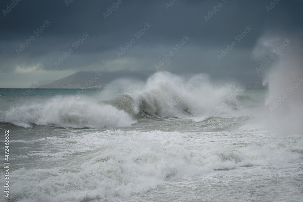 Stormy Sea Waves Splashing at Coastline.