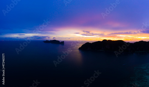 Aerial view of Phi Phi, Maya beach with blue turquoise seawater,